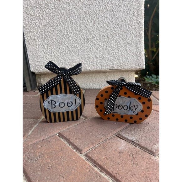Halloween Wooden Pumpkin Decor Set "Spooky" "Boo!" Hobby Lobby 2019 Orange Black - Picture 1 of 7